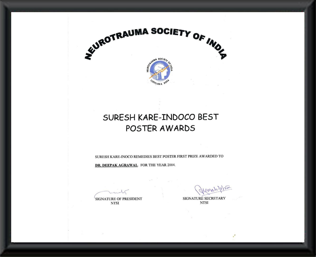 BEST POSTER AWARD BY NEUROTRAUMA SOCIETY OF INDIA