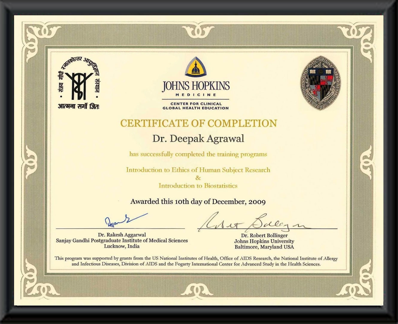 CERTIFICATION FOR TRAINING IN ETHICS BY JOHN HOPKINS