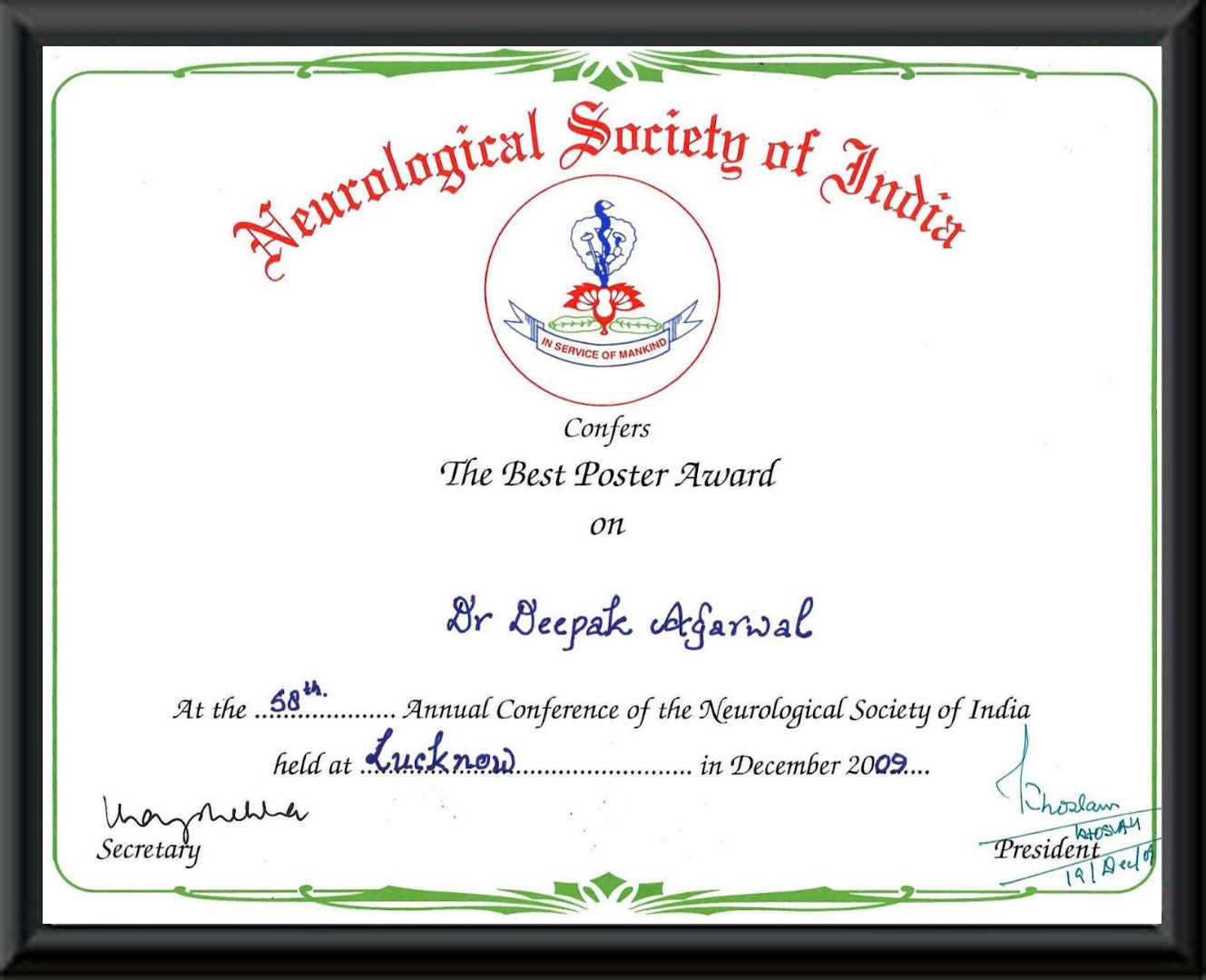 BEST POSTER AWARD BY NEUROLOGICAL SOCIETY OF INDIA