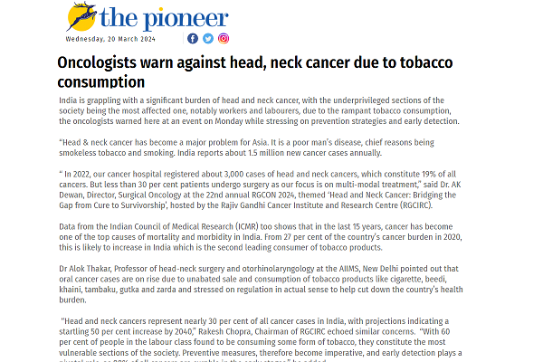 Oncologists warn against head neck cancer due to tobacco consumption