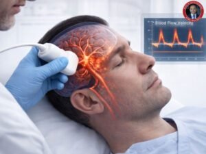 Doctor conducting transcranial Doppler ultrasound