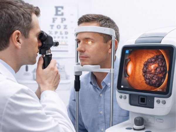 Ophthalmologist examining eye condition in clinic