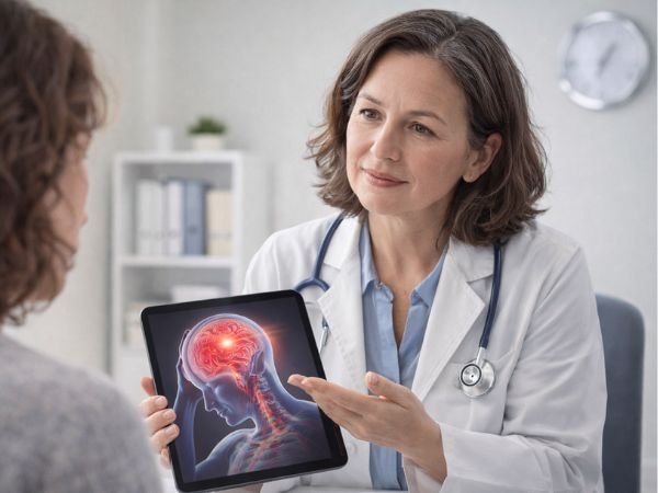 doctor consulting a patient about headache or migraine