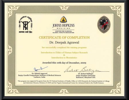 CERTIFICATION FOR TRAINING IN ETHICS BY JOHN HOPKINS